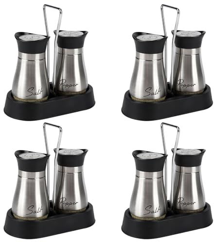 HZPZPP Salt and Pepper Sets, Salt and Pepper Shakers Set – Set of 8 Glass Salt Shakers with Stainless Steel Lids and Holders for Restaurant, Buffet, Catering, Multiple Tables and BBQ Events (Silver)
