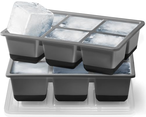 JRISBO Large Ice Cube Trays 2 Pack, Easy Release 2.4 Super Big Ice Cubes, Stackable Ice Trays for Freezer, Silicone Cocktail, Whiskey Ice Cubes Mold with Lid, Dishwasher Safe - BPA Free