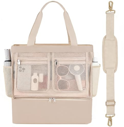 Busiuw Beach Bags for Women, Large Beach Tote Bags with Zipper, Sandproof & Leakproof Insulation Cooler Bag for Swim Pool Cruise Vacation（Champagne）