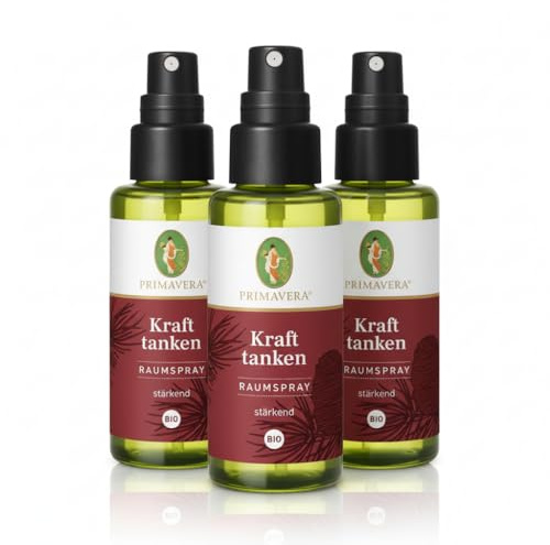 Primavera Kraft Tanken Raumspray Bio 50 ml – Erfrischendes Duftspray mit Zeder, Kardamom & Bergamotte, 100% naturrein, Bio-zertifiziert & vegan - 3 Flaschen je 50 ml