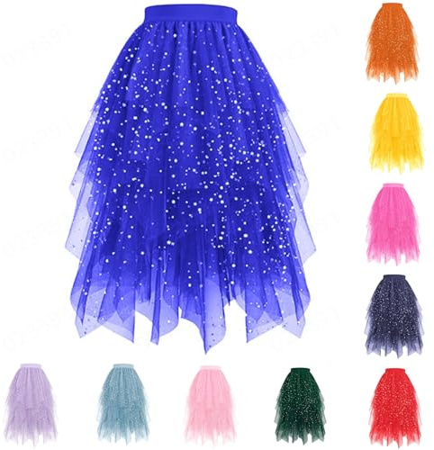 Jupe longue en tulle pour femme - Avec paillettes - Taille haute - Tulle bouffante - Jupe à paillettes - Jupe en maille multicouche - Jupe de danse irrégulière - Jupe de danse - Cosplay - Carnaval