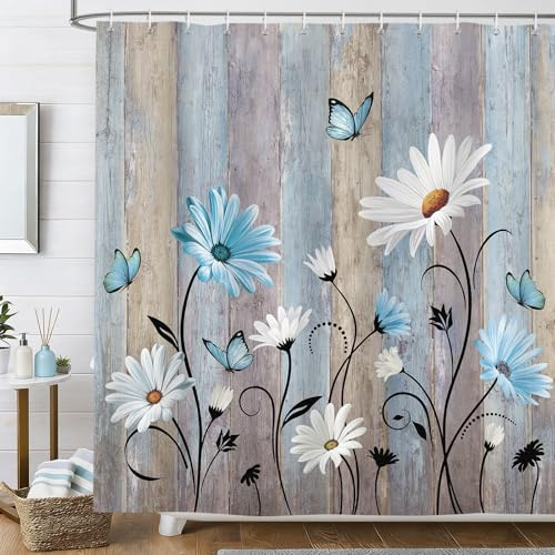 hometrixx Bauernhaus Retro Duschvorhang Blumen Schmetterling 180x200cm Blau | Wasserdicht Polyester, Maschinenwaschbar, Badevorhänge mit 12 Ringe, Schimmelresistent Badezimmervorhang für Dusche Bad