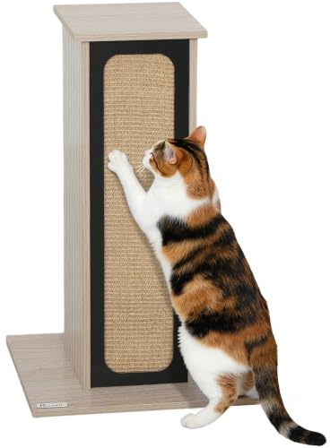 PawHut Cat Scratching Post, 63 cm Tall, for Large Cats, Top Perch, Oak | Scratcher for Kittens, Replaceable Scratching Board, Natural Sisal Scratch Mat