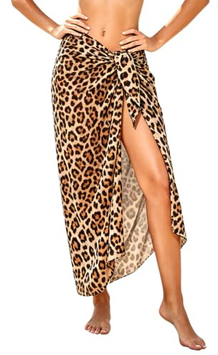Women Beach Sarong Cover Up, Lightweight Sarong Beachwear Cover Up, Chiffon Beach Swimsuit Wrap Skirt for Summer Sandbeach Holidays Bikini Pools Bathing Suit Beachwear Coverup (Leopard Print)