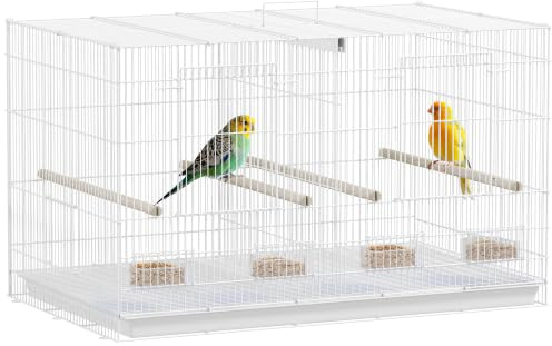 PawHut Cage à Oiseaux Volière Intérieur en Acier avec Séparateur, Blanc | 4 Perchoirs en Bois, Plateau Coulissant, 4 Mangeoires, pour Perruches, Canaris, Pinsons 76 x 46 x 46 cm
