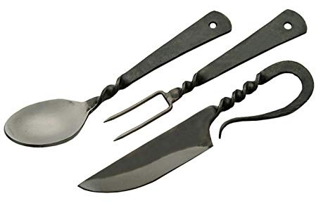 SZCO Supplies 7.25 Hand-Forged Medieval Cutlery Set – Carbon Steel Fork, Knife, Spoon with Leather Pouch, Renaissance Costume Utensils for Camping, Cosplay, and Historical Display