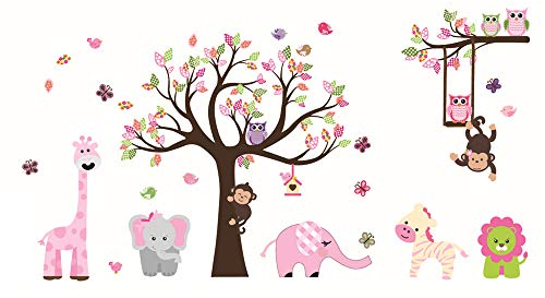 ufengke Wandtattoo Tier Baum Wandsticker Wandaufkleber Elefant Giraffe für Babyzimmer Kinderzimmer Mädchen