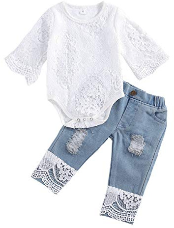 Geagodelia Babykleidung Set Baby Mädchen Kleidung Outfit Langarm Spitze Body Strampler + Jeans Hose Neugeborene Weiche Babyset T-52488