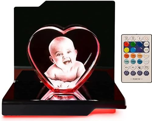 LOOXIS Personalisiertes 3D Laser-Foto vom eigenen Bild in Glas-Herz gelasert – 90 x 100 x 60 mm, Hologramm – Geschenkidee Männer, Frauen, Valentinstag, Hochzeitstag – Herz L, inkl. Leuchtsockel