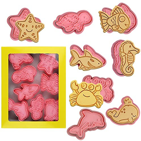 Ocean Cookie Cutters With Plunger Stamps Set,8 Piece See Cookie Cutters,Sea Embossing Cutter For Fondant Biscuit Cheese Baking