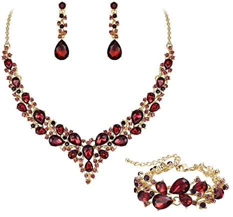 EVER FAITH Statement Halskette Ohrringe und Armband Set für Damen österreichische Kristall Tropfen Cluster Schmuckset Lila Gold-Tone