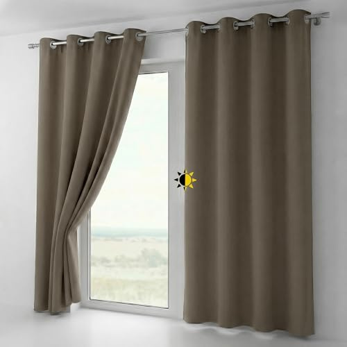 BEAUTEX Verdunkelungsgardine mit Ösen, Blackout Ösenschal Blickdicht abdunkelnd, Größe und Farbe wählbar (Breite: 140 cm, Höhe: 145 cm, Hellbraun)