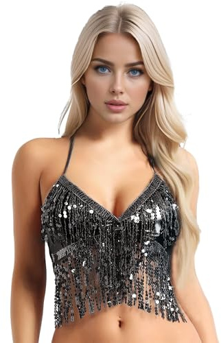 MUNAFIE Top da donna con paillettes e frange, schiena nuda, reggiseno per festival, danza del ventre, costume, Nero , Taglia unica