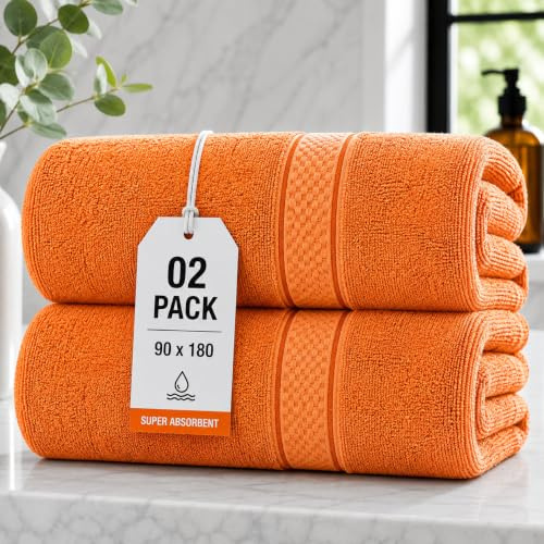 ZZZMRH 2 Pack Jumbo Bath Sheets 90 x 180 cm, 650 GSM 100% Egyptian Cotton Extra Large Bath Towels for Adults, Super Soft Thick Highly Absorbent Quick Dry Hotel Quality Towels – Orange