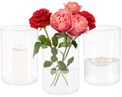 3 stycken 15 cm hög cylindrisk glasvas, Ø 10 cm, klara glasvaser för blommor, cylinder, blomvas, flytande ljus, gröna växter