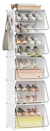 eSituro Schuhboxen, 10er Set, Schuhorganizer Schuhkarton stapelbar, Schuhregal Kunststoff, mit Haken, Tür, Schuhaufbewahrung platzsparend, Weiß