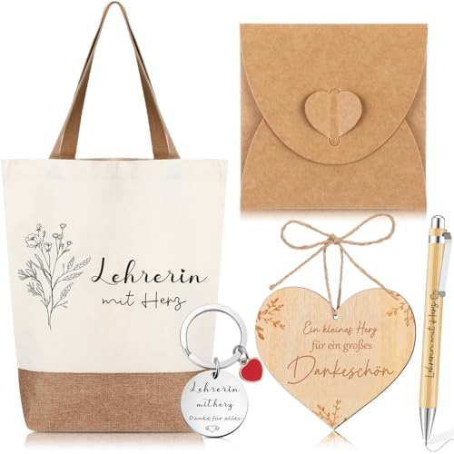 Xuniea 6er Set Abschiedsgeschenk Lehrerin Dankeschön Geschenke für Erzieherin Jutebeutel Schlüsselanhänger Kugelschreiber Lehrerin mit Herz Umschlag Holzanhänger Dankeschön mit 50 cm Hanfseil