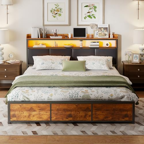BRYXR Doppelbett 180x200, Metallbett Doppelbett mit LED-Beleuchtung, 4 praktischen Schubladen und stilvolles PU-Nachtbett,ideal für Erwachsene und Jugendliche