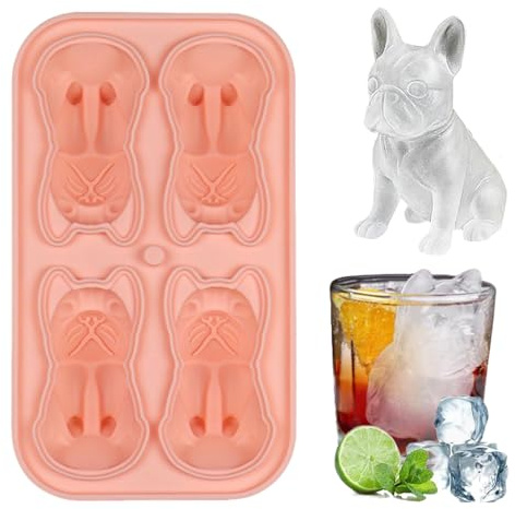 Bac à Glaçons en Silicone, 2025 Neu Moule à Glaçons en Forme de Chien, 4 Trous French Bulldog Ice Mold Sans BPA Moule à Glaçons Bouledogue Français pour Whisky Cocktails Glacé Café (Rose)