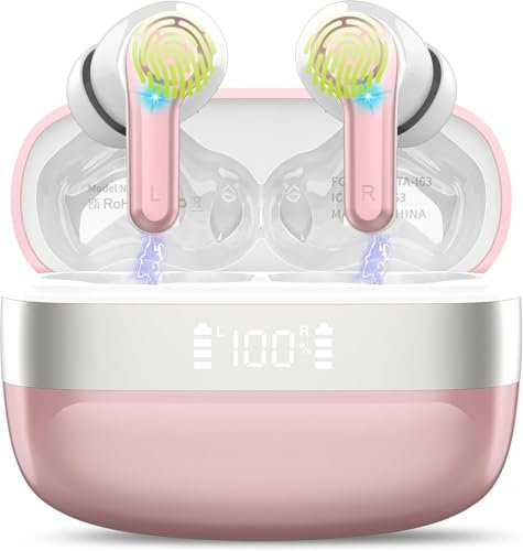 Auriculares Inalámbricos Bluetooth, 3D HiFi Estéreo Cascos Inalambricos Bluetooth 5.3 con 4 Cancelación Mic, 48H Headphones con Carga Rápida USB, IP7 Impermeable Auriculares para iOS Android. Oro Rosa