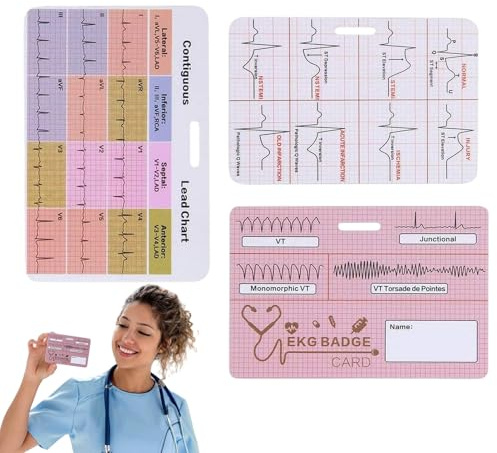 Krmoau Carnet d'interprétation ECG - Carte de poche ECG, 3 accessoires pour clinique, service d'urgence, surveillance intensive, soignants, personnel médical