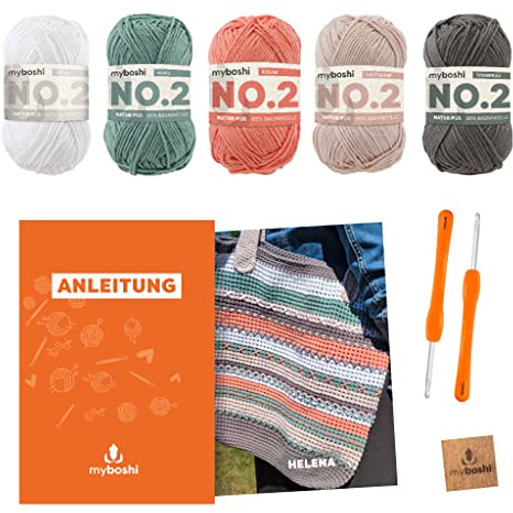 myboshi Häkelset Tasche Helena, inkl. No.2 Wolle, Nadel und Anleitung, original Label, Häkelpaket, 85% Baumwolle, 15% Kapok Orange, mit Häkelnadel
