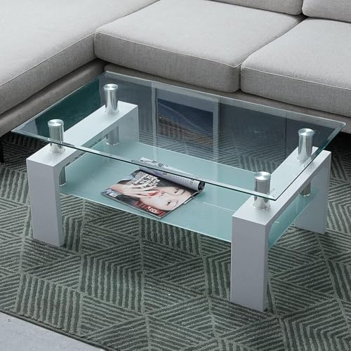CLIPOP Couchtisch rechteckig, Glas, mit Ablage, 100×60×44 cm Weiß | Hartglas, moderner Sofatisch mit Stauraum, für Wohnzimmer, Balkon, Schlafzimmer, elegantes Design, stabil