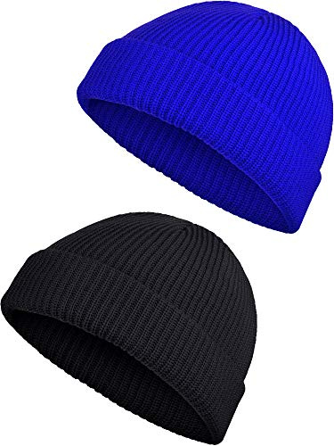 SATINIOR 2 Pezzi Inverno Caldo Berretto a Maglia Risvolto Berretto Cappello per Uomini Indossare Quotidiani (Nero, Blu)