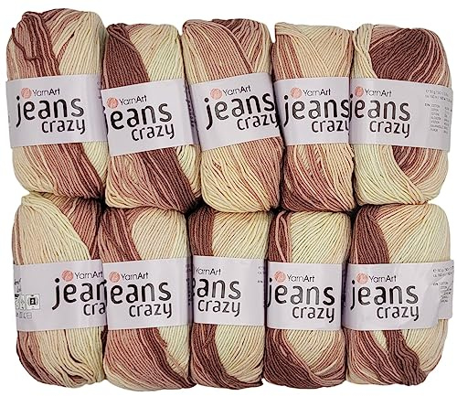 10 x 50g Strickwolle YarnArt Jeans Crazy mit 55% Baumwolle, 500 Gramm Wolle mit Farbverlauf mehrfarbig (braun beige 8201)