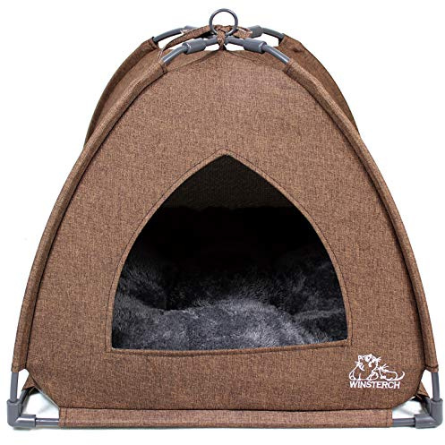 Winsterch Cat Bed Cave for Indoor Cats, Small Pet Tent Cave for Cats, Kittens, and Small Dogs, Warming Cat House with Removable Washable Cushion (18.5'‘ x 18.5’' x 15.8'', Brown)