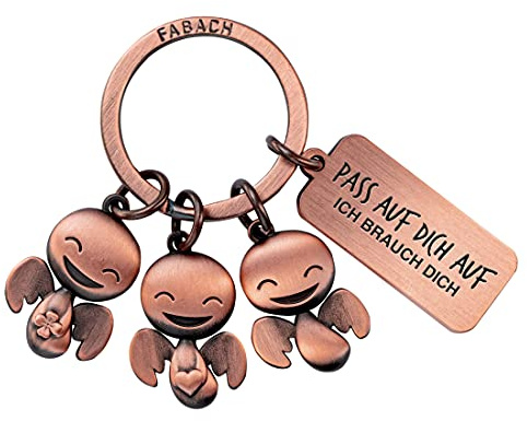 FABACH Schutzengel Schlüsselanhänger Happy-Trio mit Gravur - Auto Schlüsselanhänger Engel mit Botschaft Gravur für Autofahrer - Geschenk Glücksbringer Auto Führerschein - Pass auf dich auf
