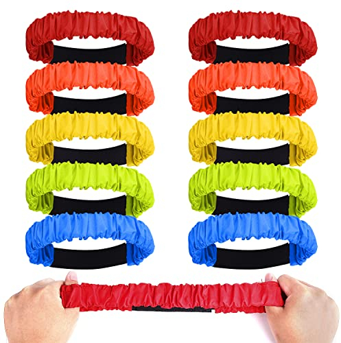 AIEX 10pcs 3 Legged Race Bands for Adults Kids, Colorful Legged Race Bands Elastic Tie Rope with Magic Adhesives for Carnival Relay Game, Field Day, Backyard, Birthday Party, Outdoor Team (5 Colors)