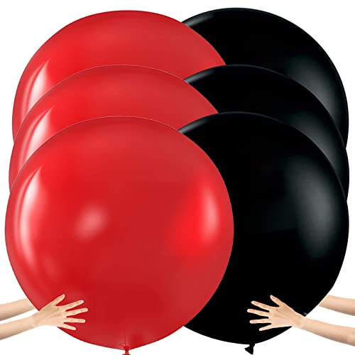 6Pcs Ballons Géants 90cm, Rouges Et Noirs Épais En Latex Pour Anniversaire Mariage Fête De Noël (Noir-Rouge)