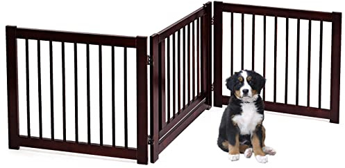 GYMAX 3-teilig Absperrgitter Hund, 61cm Hoch Schutzgitter Holz mit 360° Scharnieren & Tür, Hundegitter, freistehendes Türschutzgitter für Türen, Treppen