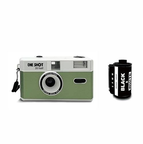 1 Shot Point and Shoot 35-mm-Filmkamera, wiederverwendbar, Retro-Halbbild, eingebauter Blitz, inklusive einer Rolle ASA/ISO 400 Schwarz-Weiß-Film, 18 Exp., (36 Aufnahmen), Batterie nicht im