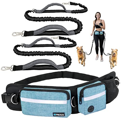 PetAmi Hands Free Dog Leash, Dog Running Leash Belt Bag for Walking, Jogging, Dog Waist Double Zipper Pouch with Poop Bag Dispenser, Dual Padded Handles Reflective Bungee Leash, Double (Turquoise)