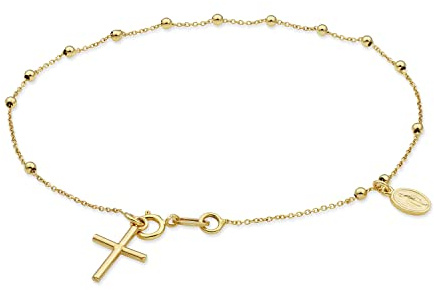 MIORE Bettelarmband Kreuz kugel Armband für Damen aus 9k 375 Gelbgold Hochglanz Kreuz, Mutter Maria Anhängers Ankerkette mit Federringverschluss 19 cm lang