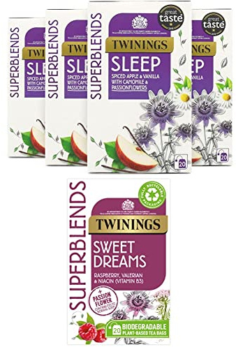 Twinings Superblends Sleep Tea with Spiced Apple, Vanilla, Camomile & Passionflowers + Sweet Dreams. Raspberry flavoured with passionflower, valerian root and Niacin. 20 Tea bags