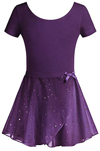 Arshiner Ballettanzug Zweiteilig Mädchen Ballettkleid Kurzarm Kinder Ballettkleidung Baumwolle Ballett Trikot mit Rock Tütü Violett 160/10-11 Jahre