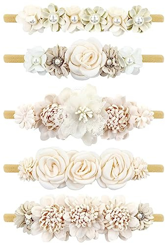 Cinaci 5 Pieces Super Stretchy Soft Baby Girl Nylon Flower Headbands Baptism Christening Floral Tiaras Crowns Hairbands Hair Accessories for Newborns Infants Toddlers Girls Kids