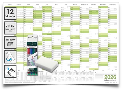 XXL Wandkalender 2026 abwischbar – DIN B0 (140 x 100 cm) Jahresplaner – inkl. 4 Marker & Schwamm – feucht korrigierbar – großer Kalender Deutsch – von Kalenderoutlet