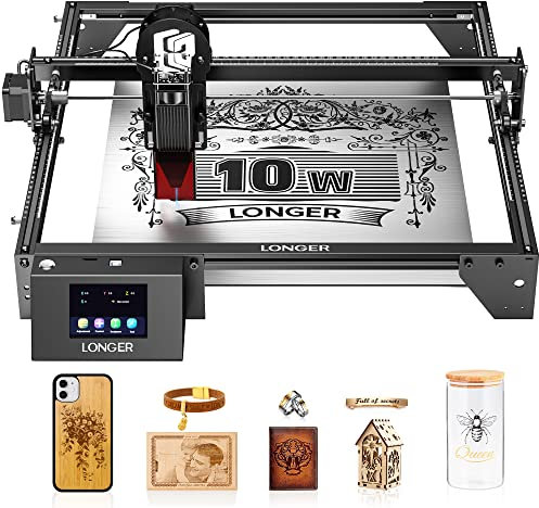 LONGER 60W Laser Cutter, 10W Laserleistung, 0.06 * 0.06mm Laserpunkt, Graviermaschine mit Farb-Touchscreen, 4 in 1 Offline Laser Graviermaschine, Lasergravurmaschine für Holz/Glas/Acryl/Metall