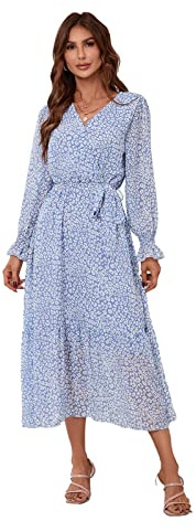 Odizli Damen Elegant Langarm V-Ausschnitt Wickelkleid Blumenkleid Swing Chiffonkleid Sommerkleid Herbstkleid Freizeitkleid Maxikleid Midikleid Festlich Hochzeit Hochzeitsgast Lang Abendkleid Blau S
