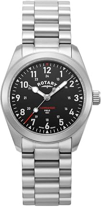 Rotary Herren Quartz Armbanduhr, 37.00mm GehäusegröÃŸe mit schwarz analog Zifferblatt und Silber Metallarmband Armband GB05535/19