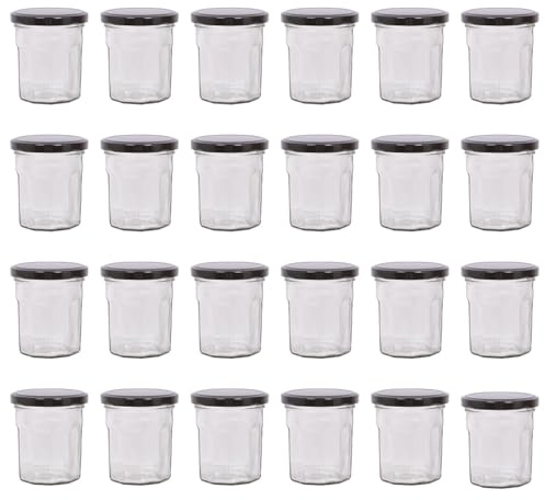 Argon Tableware Glass Jam Jars with Airtight Black Lids - 150ml - Pack of 24 - Empty Screw Top Kitchen Storage Jar for Food, Honey, Spice, Pickling, Preserving, Candle Making