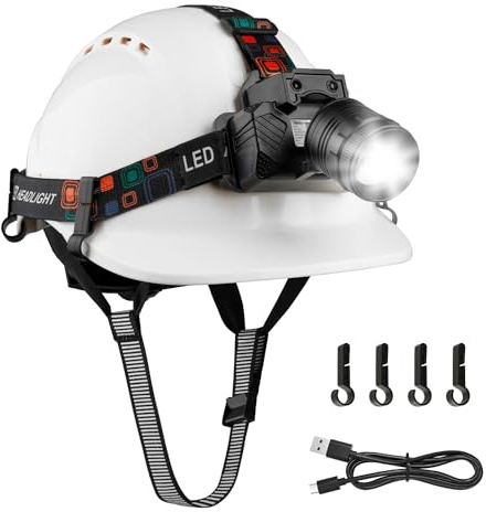 Mustbau Casco di sicurezza EN397, Casco con Lampada Frontale LED con Sensore di Gesto, Lampada Super Luminosa da 10W Adatta per Cantieri, Lavori Notturni, Pesca (Bianco)