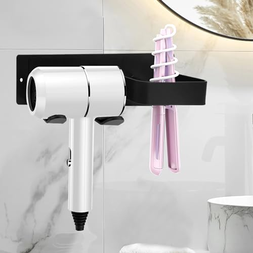 ELICNA Porte Sèche Cheveux et Lisseur, Porte Sèche Cheveux Mural en Acier au Carbone, Support Sèche Cheveux et Lisseur sans Percage, Support de Lisseur pour Salle de Bain Hôtel de Chambre à Coucher