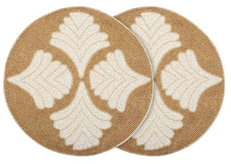 Set of 6 Beaded Placemat, Table Beaded mat, Placemat mats for Dining Table Beaded, Round Beaded placemats, Beaded placemats for Dining Table - 14 inch Charger Plate-Golden and Silver, BLUEZARI (6)