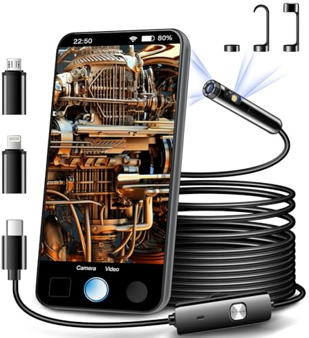 Dual Lens Endoscope Inspection Camera by AURTEC, Dual HD Lens, IP68 Waterproof, 16.5FT/5M Semi-Rigid Cable, Borescope Camera with LED Lights, Compatible with Android and iOS Devices