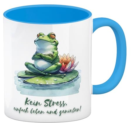 Frosch auf Seerose Kaffeebecher in hellblau mit Spruch Kein Stress einfach leben und genießen Frosch auf Seerose Kaffeebecher in hellblau mit Spruch Kein Stress Lustiger Frosch